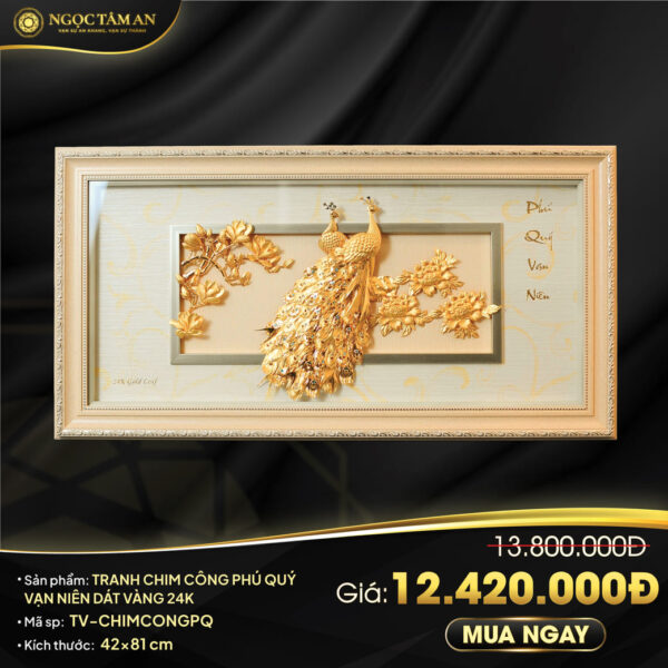 Tranh chim Công Phú quý vạn niên dát vàng 24K (42x81cm ngang)