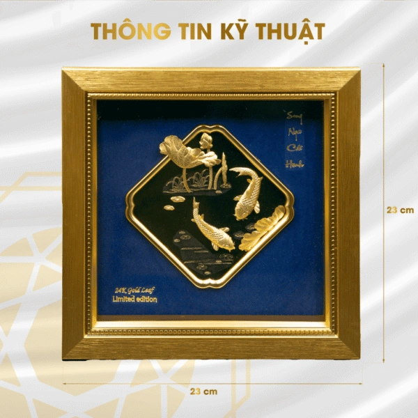 Tranh Song ngư cát hạnh dát vàng kích thước 23x23cm