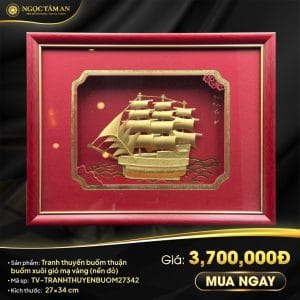 Tranh thuyền buồm thuận buồm xuôi gió mạ vàng (nền đỏ)