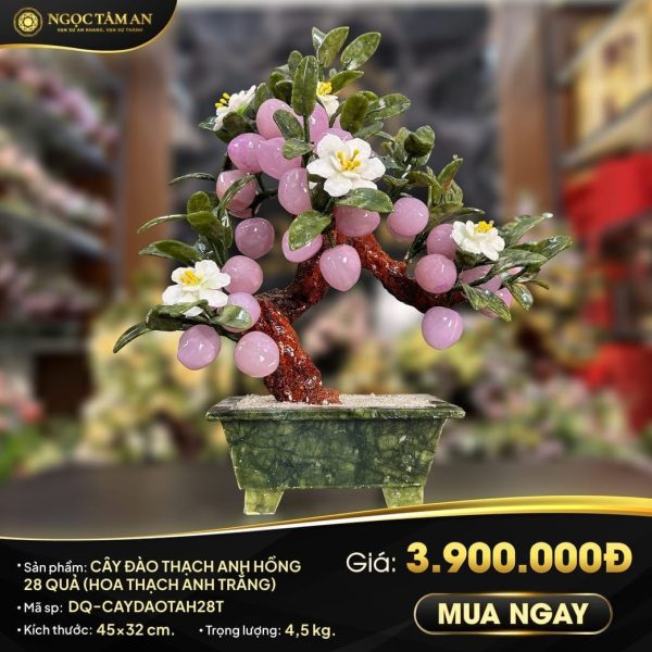 Cây đào đá Thạch anh hồng 28 quả (kèm hoa thạch anh trắng)