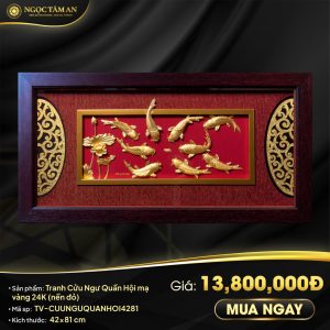 Tranh Cửu Ngư Quần Hội mạ vàng 24K (nền đỏ)