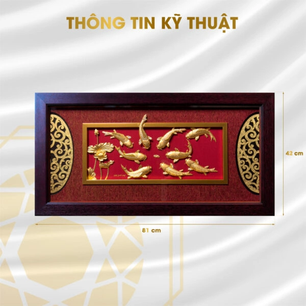 Tranh Cửu Ngư Quần Hội dát vàng 24K (nền đỏ) Tranh Cửu Ngư Quần Hội dát vàng 24K (nền đỏ) - kích thước 42x81cm