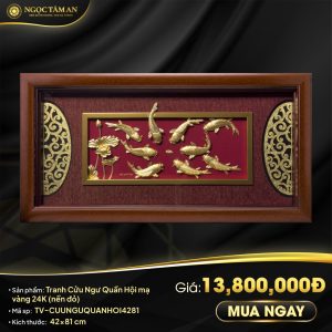 Tranh Cửu Ngư Quần Hội mạ vàng 24K (nền đỏ)