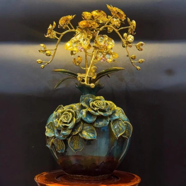 Bình Hoa Lan Hút Lộc 3 Nhánh Mạ Vàng 24K