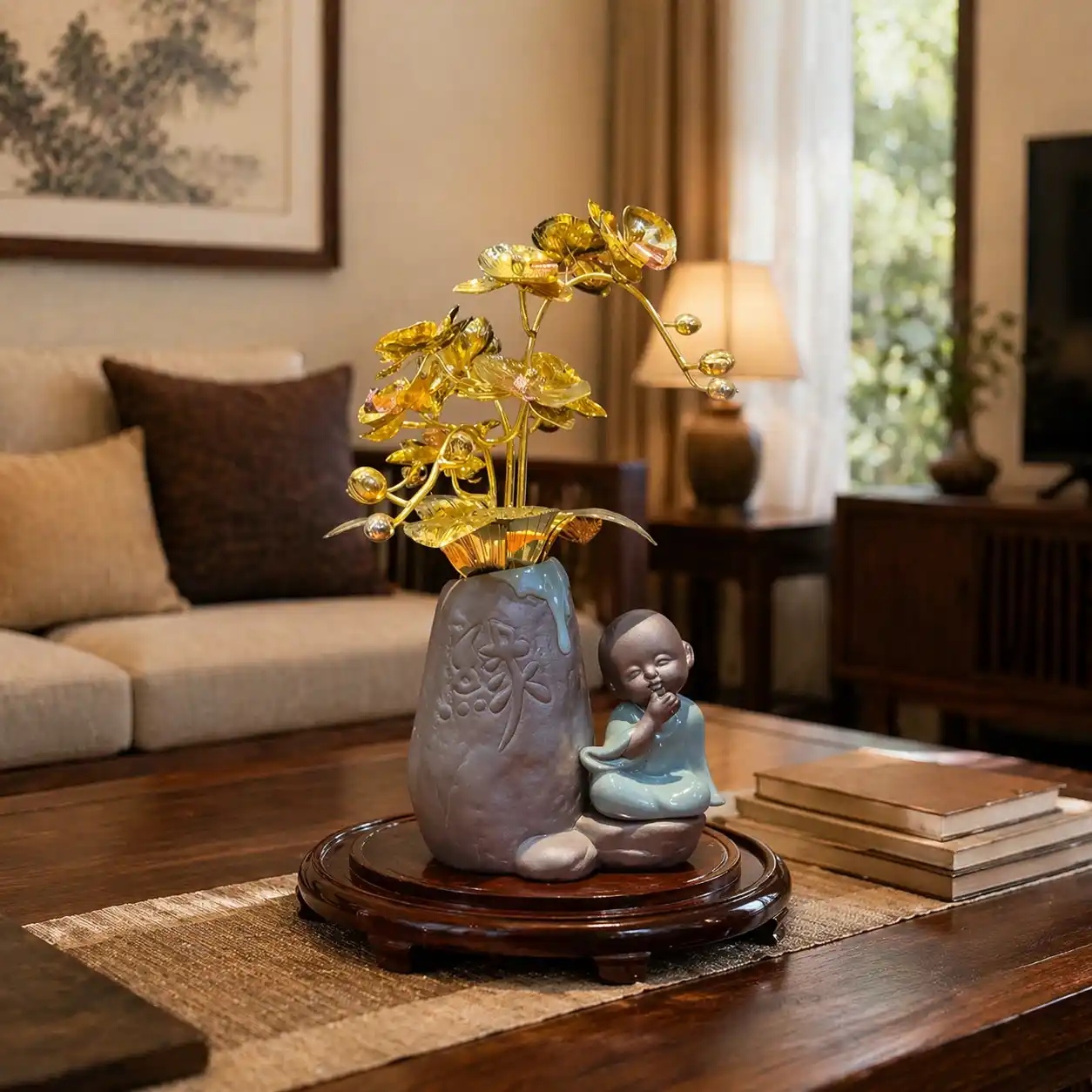 Hình ảnh Bình Hoa Lan Nhỏ 3 Nhánh Mạ Vàng 24K chú tiểu trên bàn phòng khách