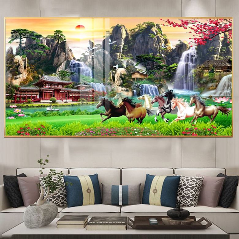 Khám phá ý nghĩa tranh mã đáo thành công có 9 con ngựa trong phong thủy Bức tranh chữ thập "Mã Đáo Thành Công" 9 con ngựa