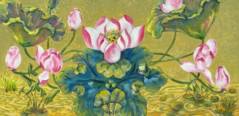 Cách vẽ tranh hoa sen trên tường bằng các chất liệu khác nhau Tranh hoa sen bằng sơn dầu chân thực