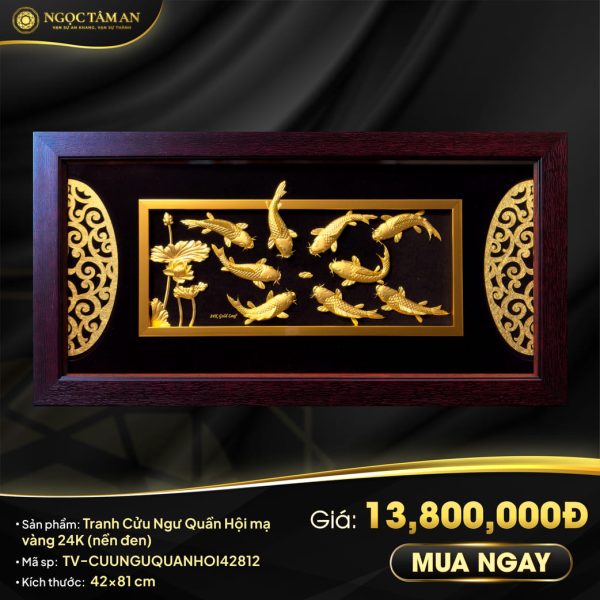 Tranh Cửu Ngư Quần Hội mạ vàng 24K (nền đen)