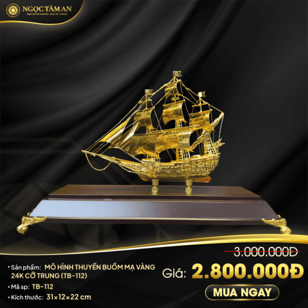 Mô hình thuyền buồm mạ vàng 24K cỡ trung - TB-112