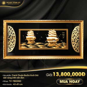 Tranh thuyền Thuận Buồm Xuôi Gió dát vàng 24K (nền đen 42x81cm)