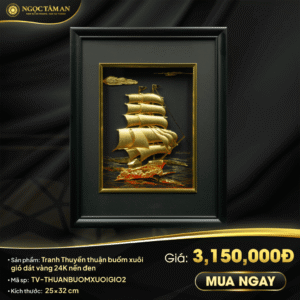 Tranh Thuyền thuận buồm xuôi gió dát vàng 24K nền đen (25x32cm)