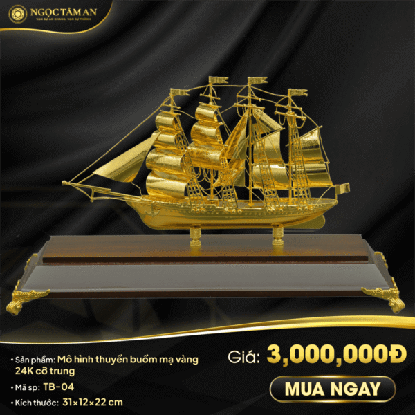 Mô hình thuyền buồm mạ vàng 24K cỡ trung - TB-04