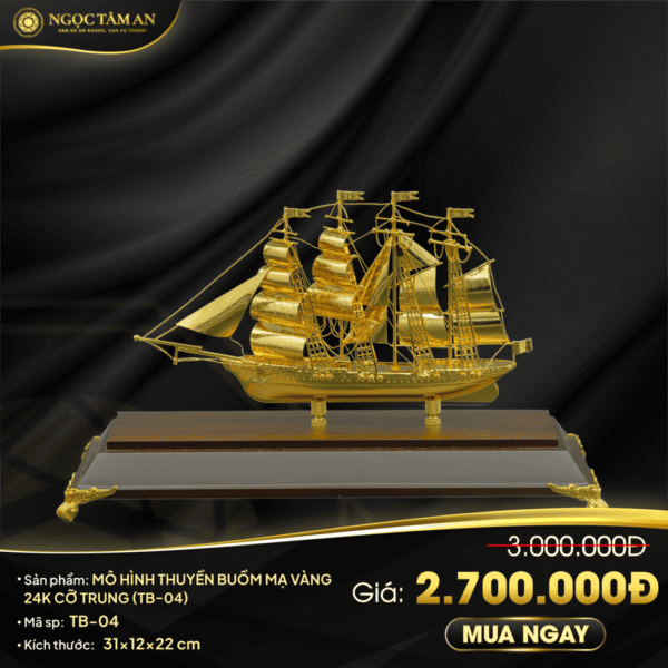 Mô hình thuyền buồm mạ vàng 24K cỡ trung - TB-04