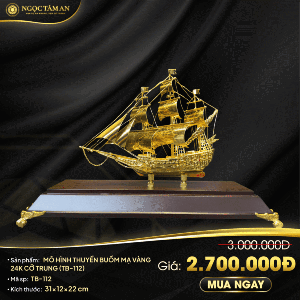 Mô hình thuyền buồm mạ vàng 24K cỡ trung - TB-112