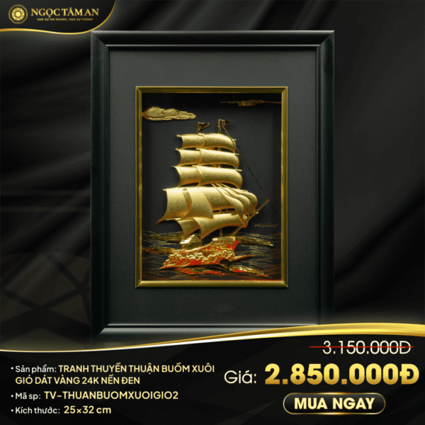 Tranh Thuyền thuận buồm xuôi gió dát vàng 24K nền đen (25x32cm)