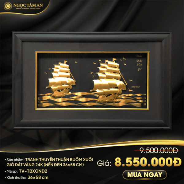 Tranh thuyền Thuận Buồm Xuôi Gió dát vàng 24K (nền đen 36x58 cm)