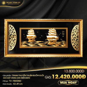 Tranh thuyền Thuận Buồm Xuôi Gió dát vàng 24K (nền đen 42x81cm)