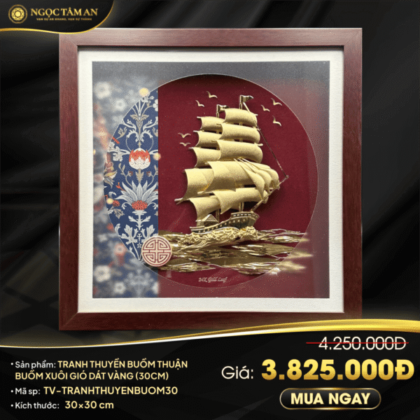 Tranh thuyền buồm thuận buồm xuôi gió dát vàng (30cm)