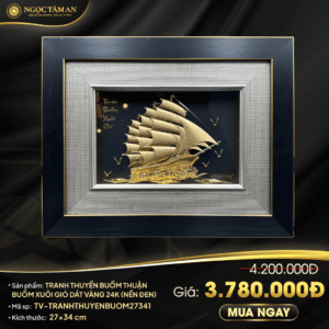 Tranh thuyền buồm thuận buồm xuôi gió dát vàng 24K (nền đen) 27x34cm