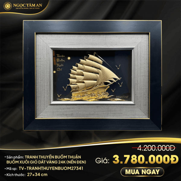 Tranh thuyền buồm thuận buồm xuôi gió dát vàng 24K (nền đen) 27x34cm