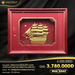 Tranh thuyền buồm thuận buồm xuôi gió dát vàng 24K (nền đỏ)