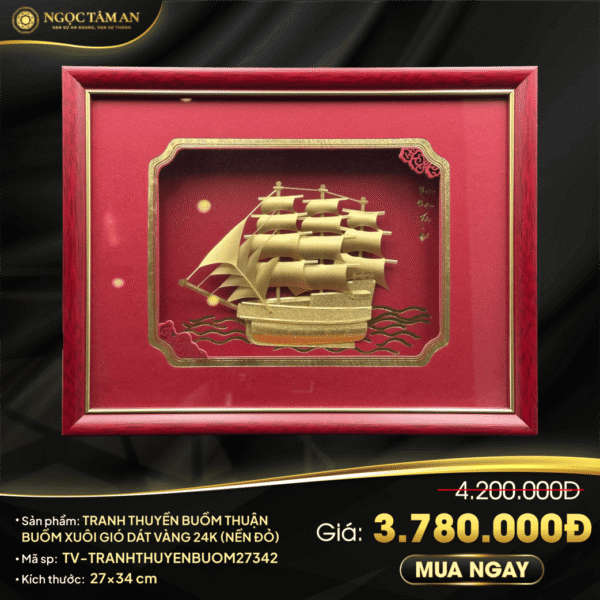 Tranh thuyền buồm thuận buồm xuôi gió dát vàng 24K (nền đỏ)