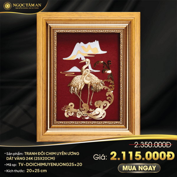 Tranh đôi chim uyên ương dát vàng 24K (25x20cm)