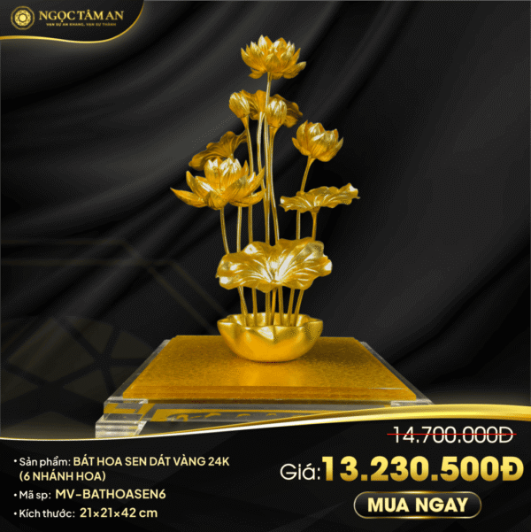 Bát hoa sen dát vàng 24K (6 nhánh hoa)