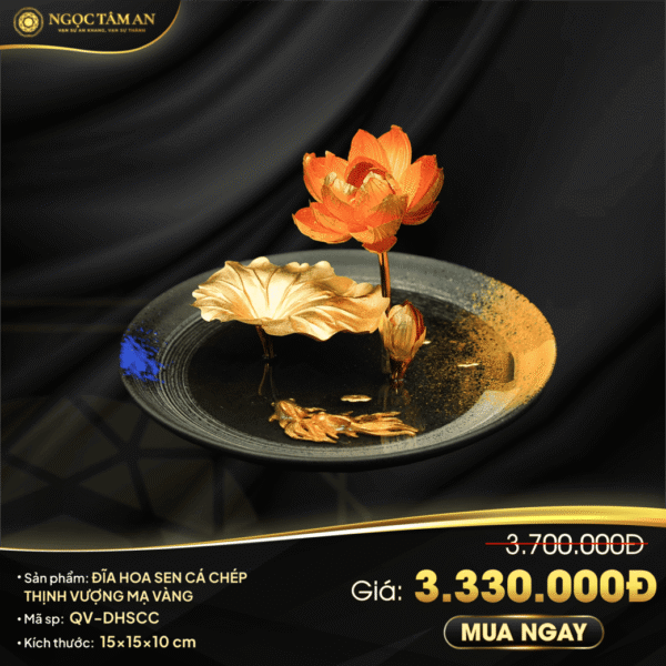 Đĩa hoa sen cá chép thịnh vượng mạ vàng