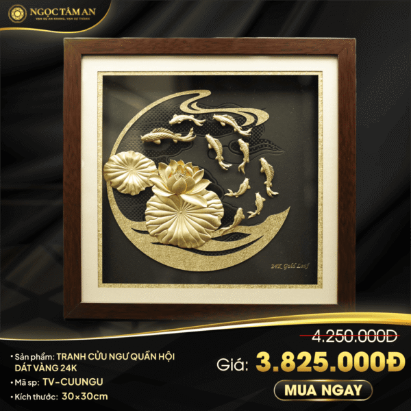 Tranh Cửu Ngư Quần Hội dát vàng 24K