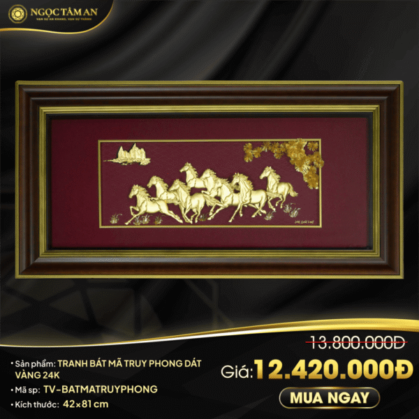 Tranh Bát mã truy phong dát vàng 24K (42x81cm nền đỏ)