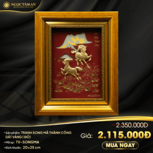 Tranh Song mã thành công dát vàng 20x25cm (nền đỏ)