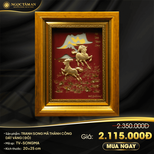 Tranh Song mã thành công dát vàng 20x25cm (nền đỏ)