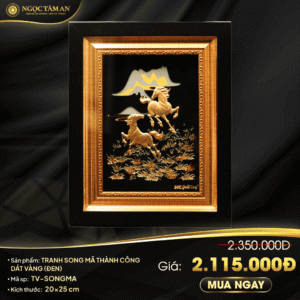 Tranh Song mã thành công dát vàng 20x25cm (nền đen)
