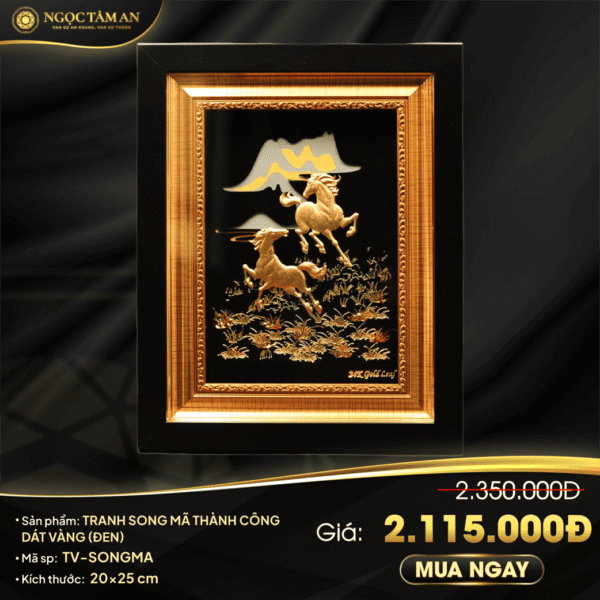 Tranh Song mã thành công dát vàng 20x25cm (nền đen)