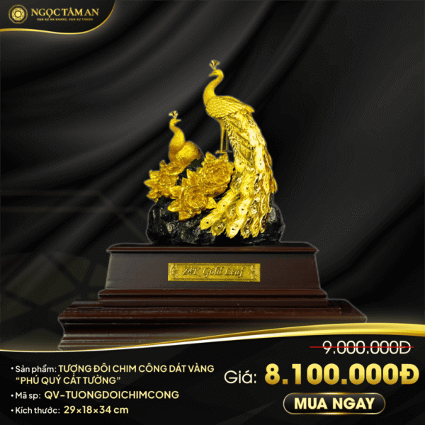 Tượng đôi chim công dát vàng "Phú quý cát tường"