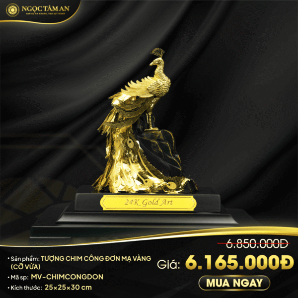 Tượng chim công đơn mạ vàng (cỡ vừa)