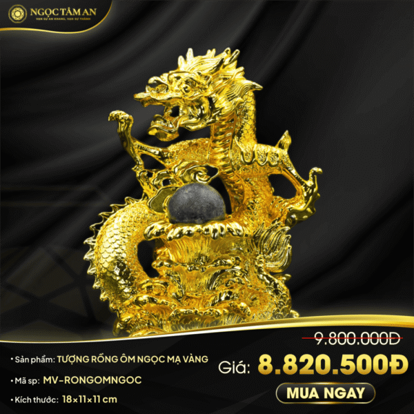 Tượng Rồng ôm ngọc mạ Vàng 24K