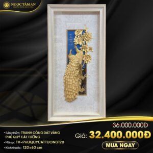 Tranh chim công Phú quý vạn niên dát vàng 24K (120x60cm dọc)