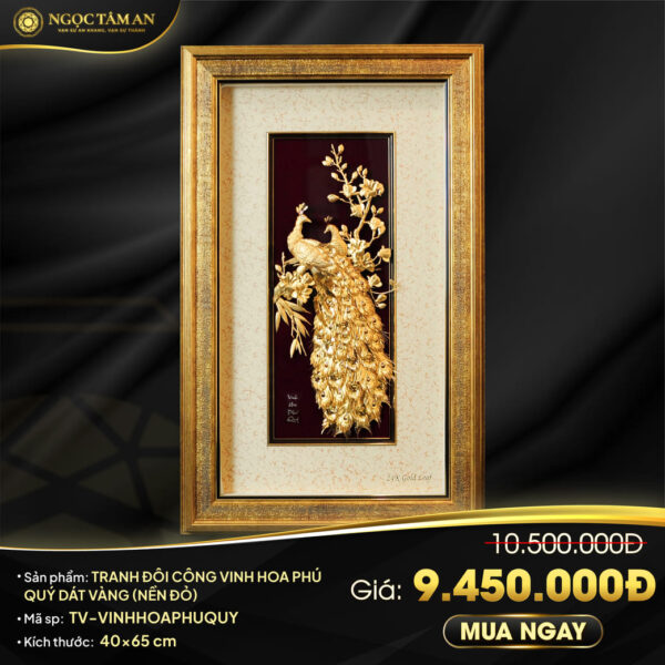 Tranh đôi công Vinh Hoa Phú Quý dát vàng (nền đỏ)