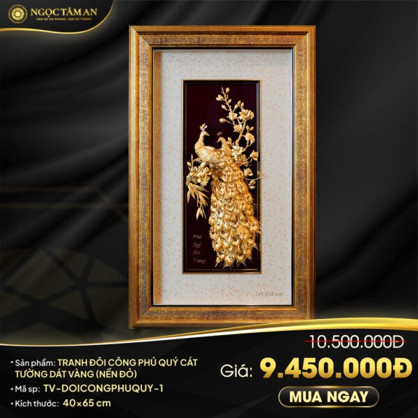 Tranh đôi công Phú quý cát tường dát vàng (nền đỏ)