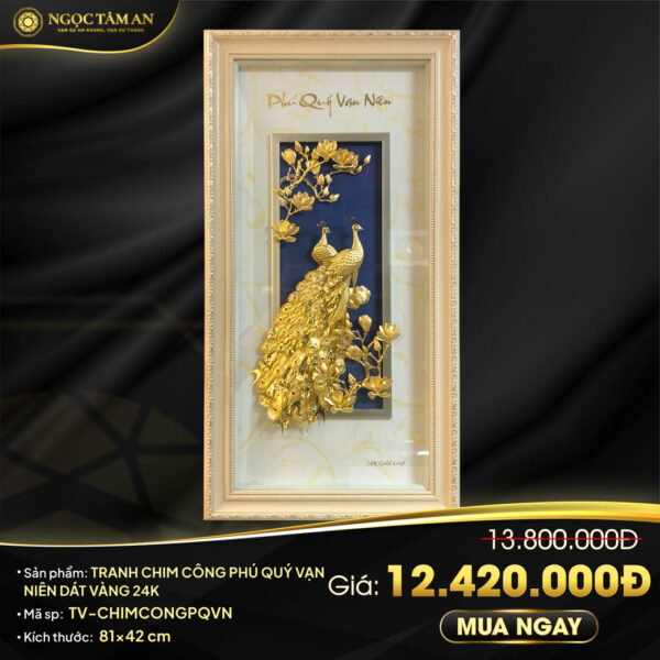 Tranh chim công Phú quý vạn niên dát vàng 24K (42x81cm dọc)
