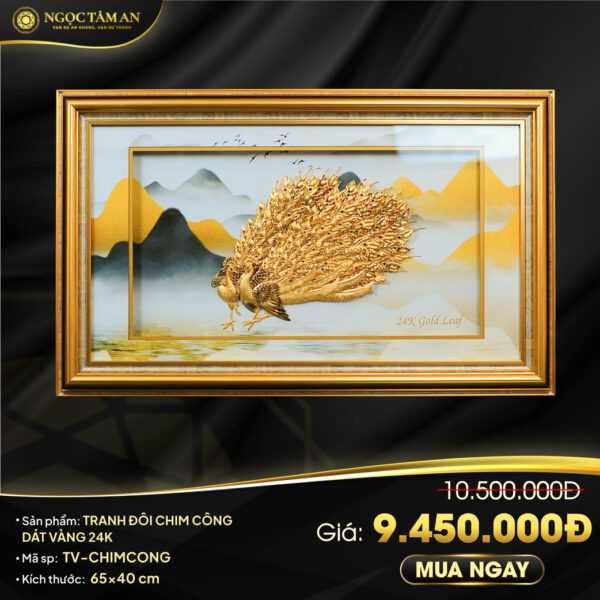 Tranh đôi chim công dát vàng 24K
