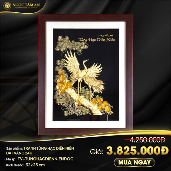 Tranh Tùng hạc diên niên dát vàng 24K