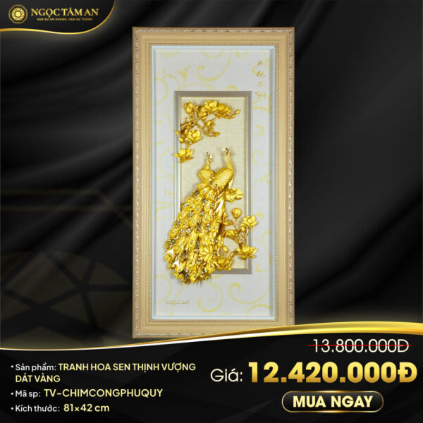 Tranh chim Công phú quý cát tường dát vàng 24K