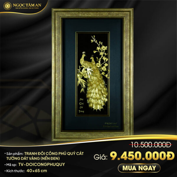 Tranh đôi công Phú quý cát tường dát vàng (nền đen)