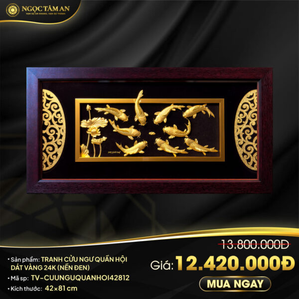 Tranh Cửu Ngư Quần Hội dát vàng 24K (nền đen)