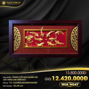 Tranh Cửu Ngư Quần Hội dát vàng 24K (nền đỏ)