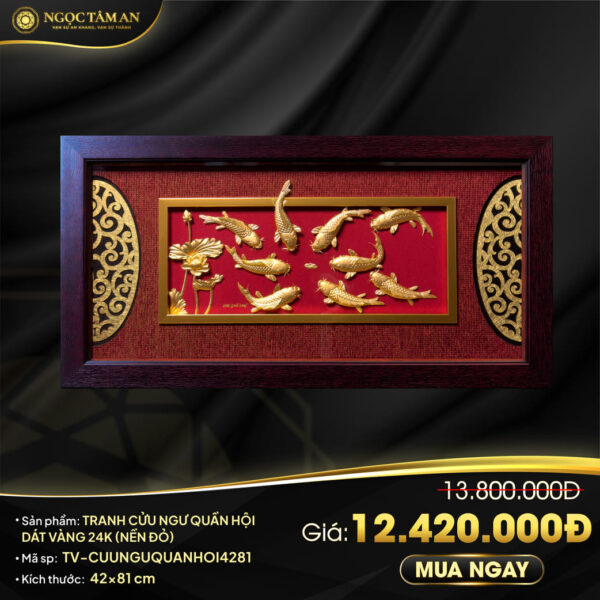 Tranh Cửu Ngư Quần Hội dát vàng 24K (nền đỏ)