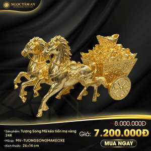 Tượng Song Mã kéo tiền mạ vàng 24K